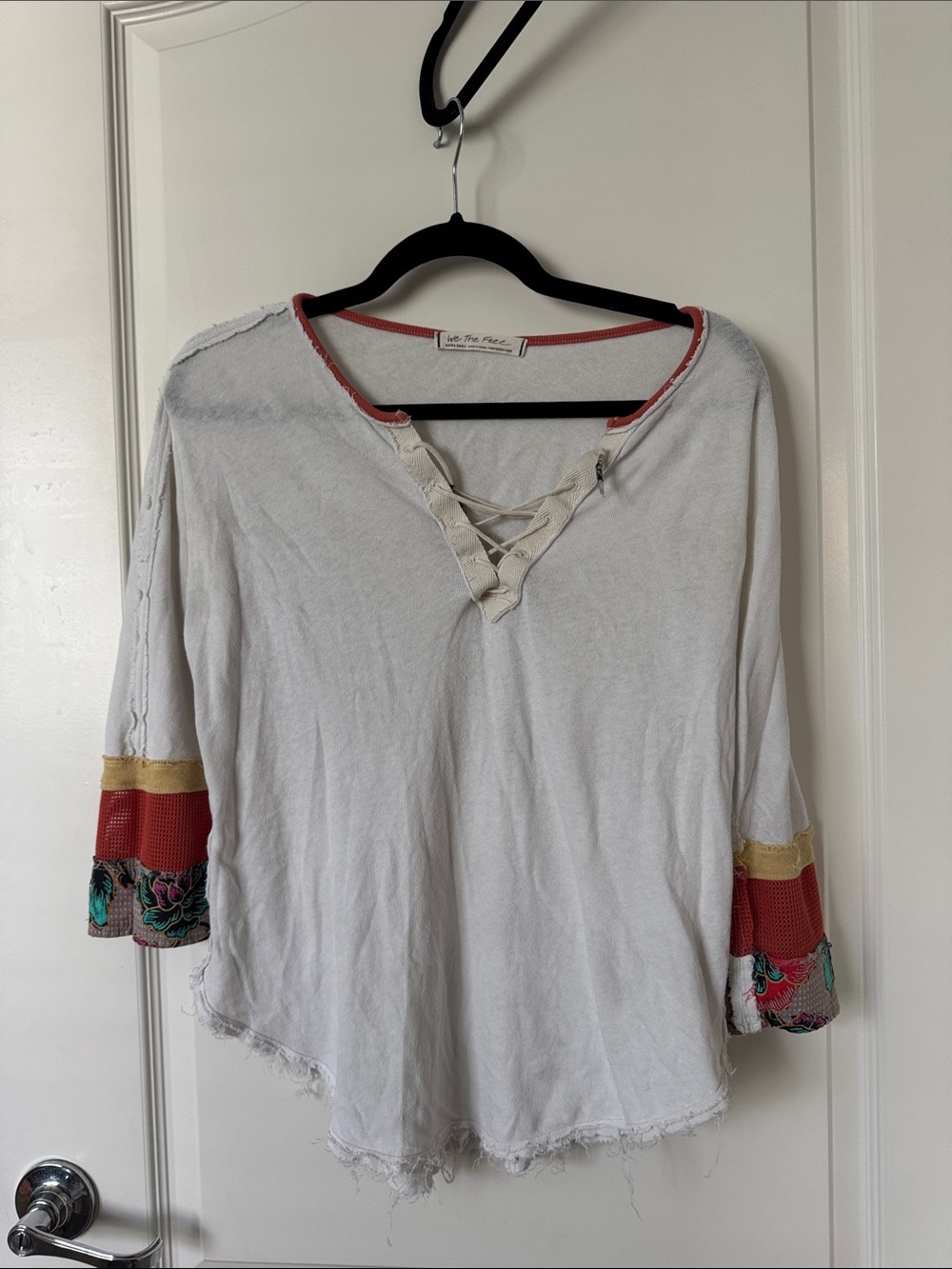Free People White Lace-Up Boho Top with Coral and Gold Sleeve Accents